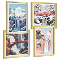BILDER SET 4er Set - 50x50 cm & 40x60 cm Goldrahmen - Wasserfälle, Berge, Brücken, Bäume