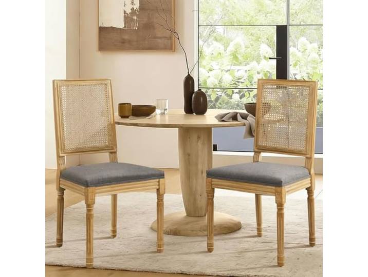 SoarTalent 2er Set Ratan Esszimmerstühle, quadratische Rückenlehne, Grau Gepolsterter Stuhl mit Massivholzgestell & Ratan, Schaumstoff-Füllung: ideal für Esszimmer, Küche, Wohnzimmer & Café