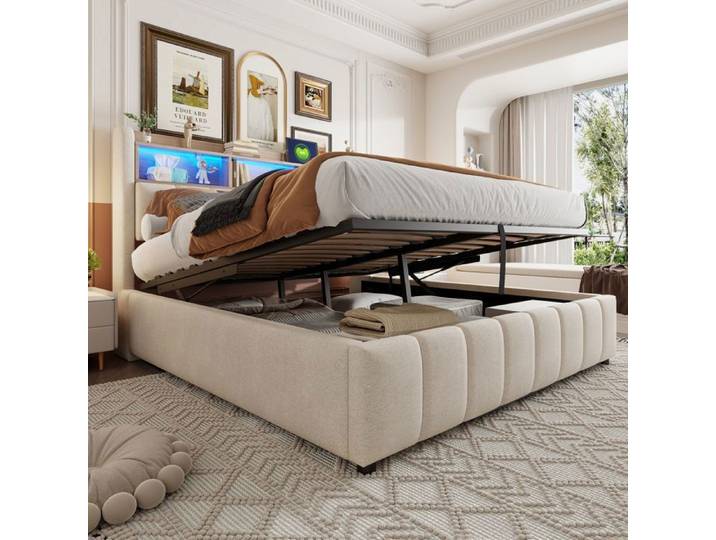 Lit coffre - Becag - Lit double rembourré 180x200cm avec USB et LED - Lit adulte avec rangement hydraulique - Lin Beige