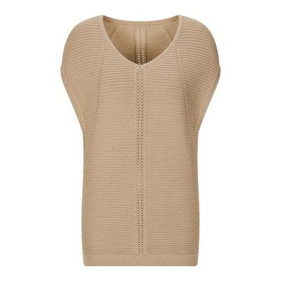 Rundhalspullover GOLDNER "Rippstrickpullover mit V-Ausschnitt", Damen, Gr. 44, beige, Obermaterial: 44% Baumwolle CO. 44% Polyacryl PAN. 12% metallisierte Fasern MTF., gerade, V-Ausschnitt, Pullover Rundhalspullover, gold farbiges Garn mit verstickt