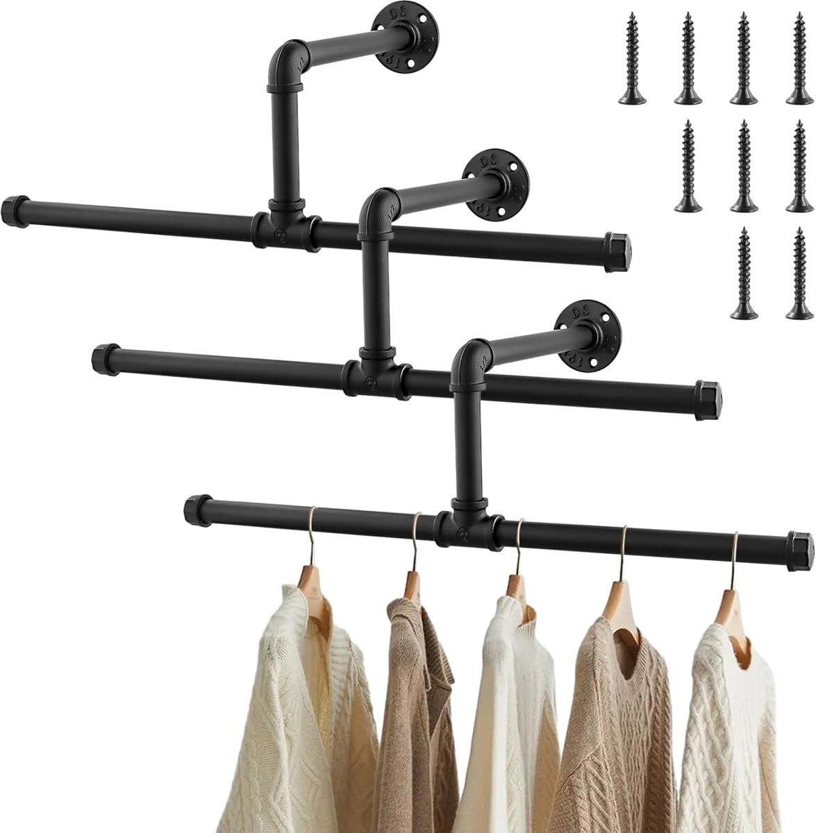 Industriële kledingstang wandrek in zwart, afneembaar ontwerp, breedte: 51 cm