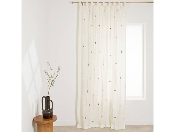 Rideau en coton écru motifs brodés multicolores, 140x250 cm (vendu à l'unité)