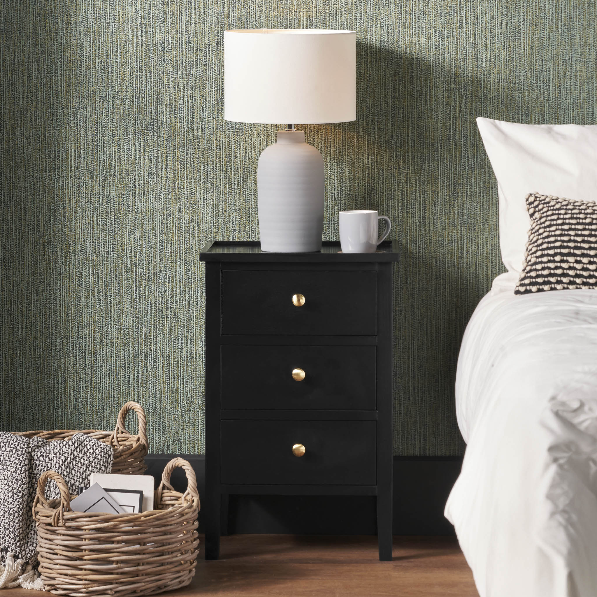 Pacific Lifestyle - Fairford Satin Black Pine Wood 3 Drawer Bedside Unit