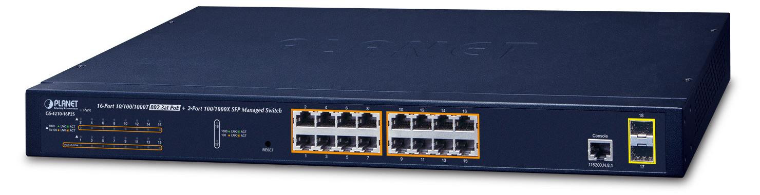 Planet GS-4210-16P2S Managed Switch L2/L4 Gigabit Ethernet PoE 1U Rackmount