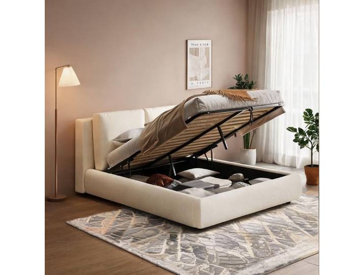 Grand lit beige bouclette 180x200 cm avec coffre hydraulique et sommier lattes