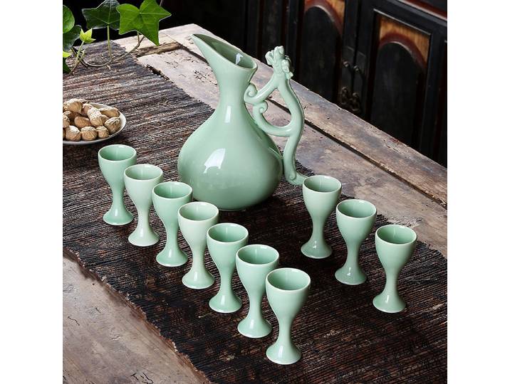 Baijiu – ensemble de vin demi-goût de tasse à vin en céramique rétro, verre céladon, ensemble de saké japonais, petit pot en verre à vin