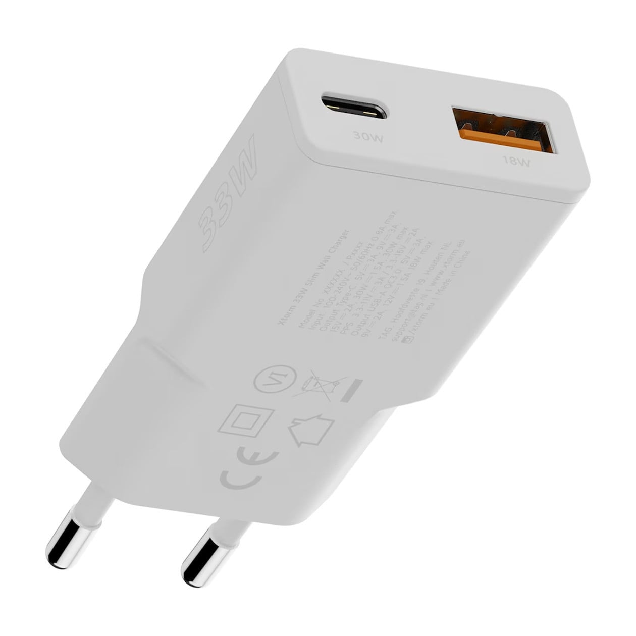 Xtorm Go2 Slimline Dubbele Poort Oplader 33W USB-C en USB-A Wit