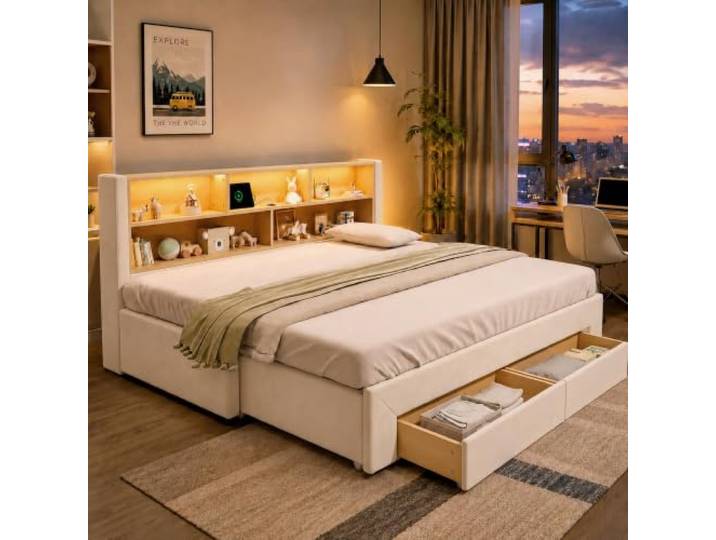 Merax Polsterbett Daybett 90x200 cm ausziehbar auf 180 cm mit USB, LED, 2 Schubladen & Samt – Beige (Ohne Matratze)