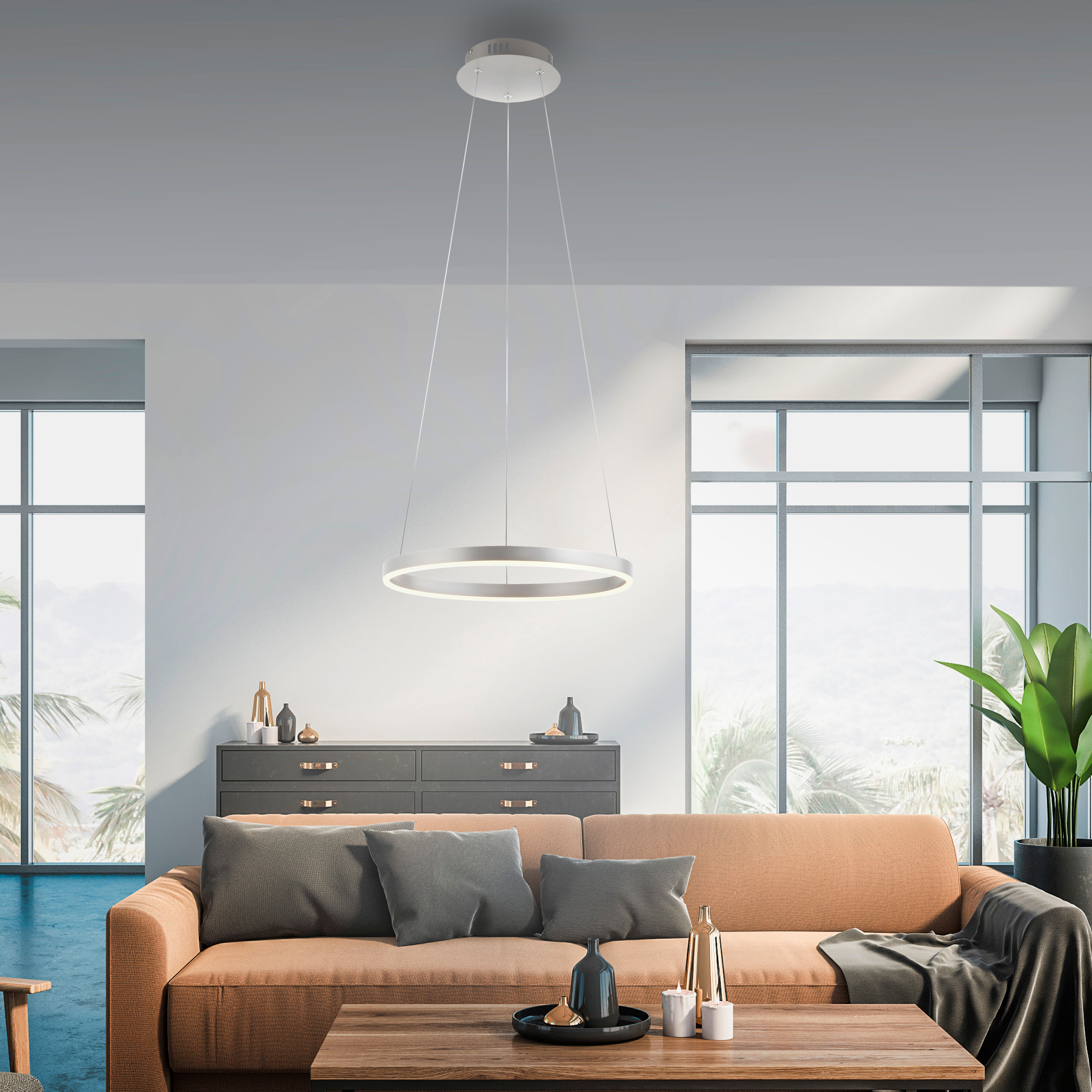 JUST LIGHT Pendelleuchte "RITUS", grau (aluminiumfarben), 1, Ø 3,9cm, 1 Stk., Leuchten, LED, dimmbar, Switchmo, Pendelleuchte