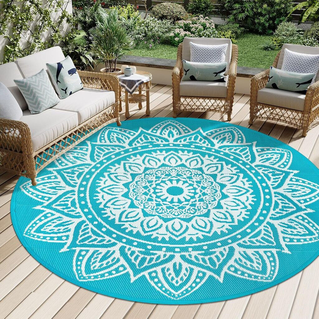 Rebrilliant Outdoor Rugs Round Waterproof Outdoor Garden Patio Rug Teal 180cm W X 180cm L