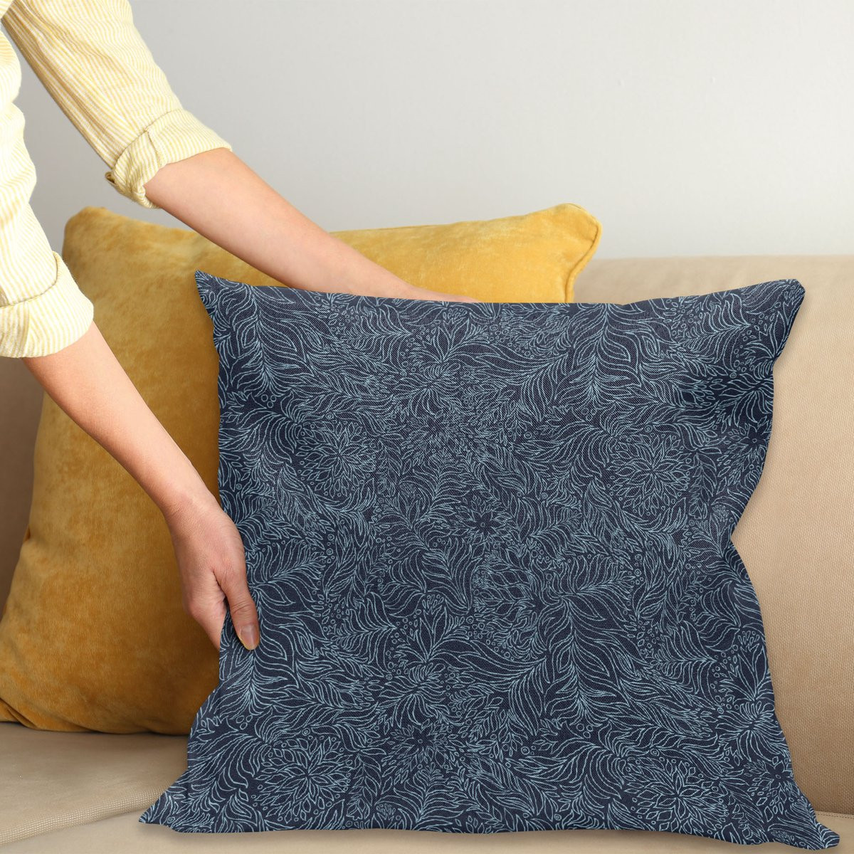 ABAKUHAUS Flourish Kollectie kussenhoes voor binnen en buiten, turkoois/donkerblauw, 60 x 60 cm