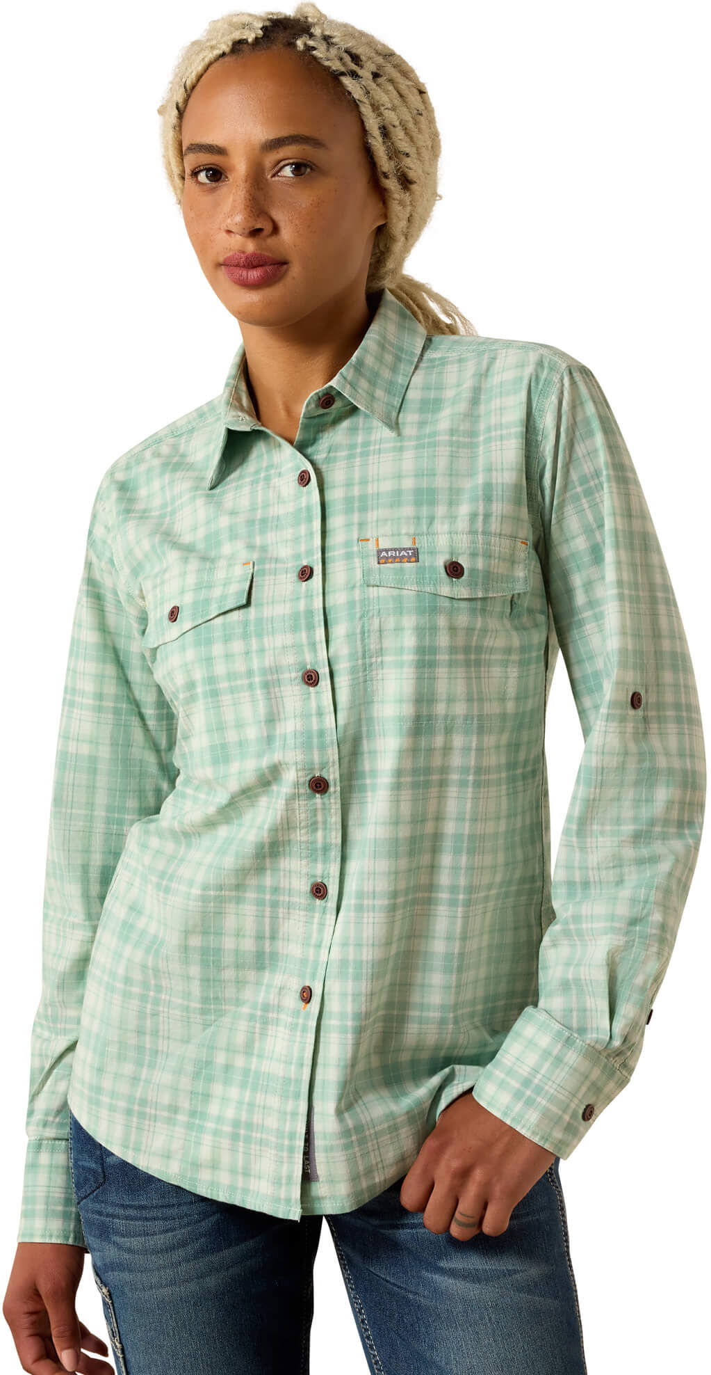 Women's Rebar Made Tough DuraStretch Work Shirt in Clearly Aqua, Size: 3X by Ariat