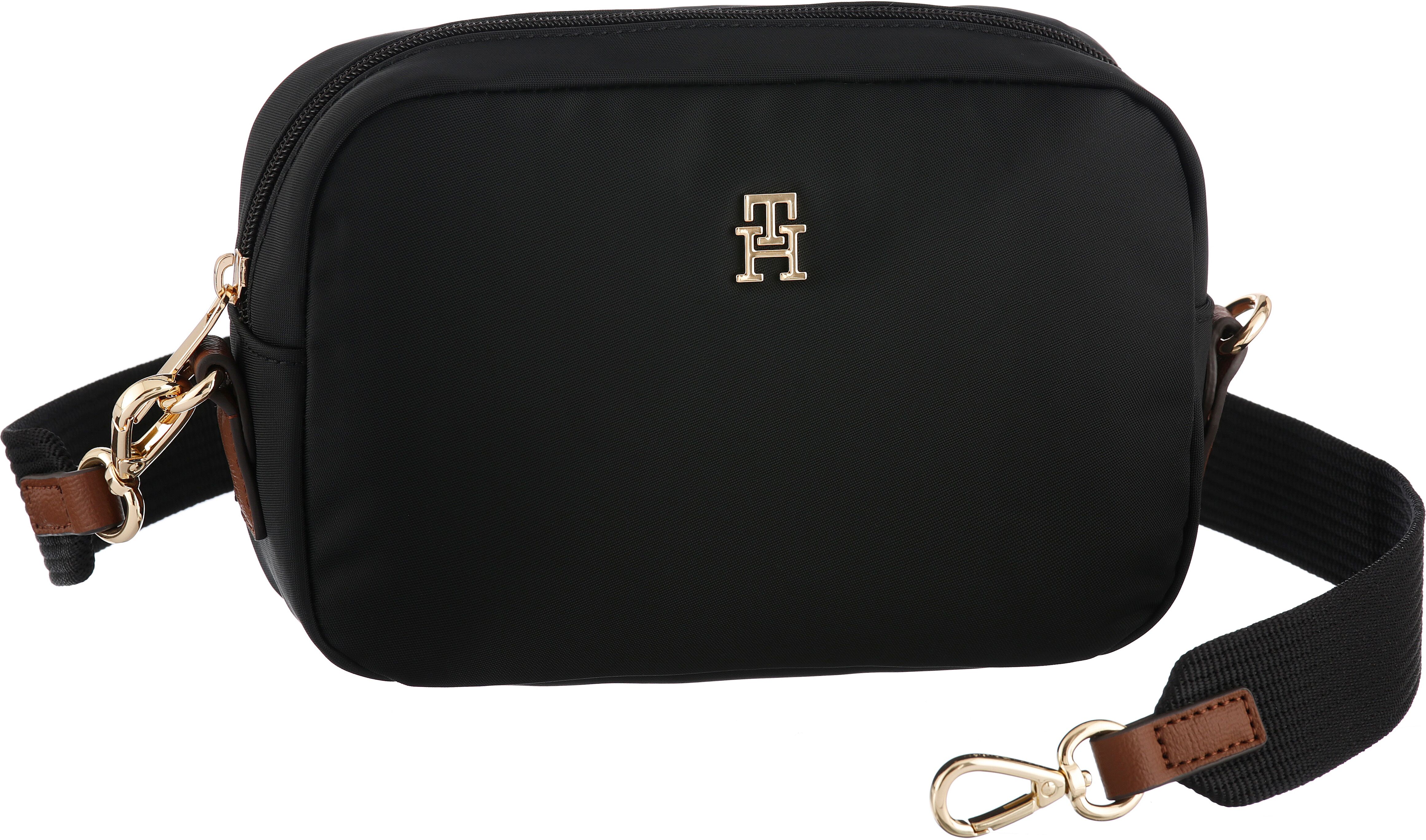 Mini Bag TOMMY HILFIGER "POPETTE CAMERA BAG", Damen, Gr. B/H/T: 22cm x 15cm x 6,5cm, schwarz, Leder, Nylon, Taschen Mini Bag, Damen Umhängetasche, Schultertasche mit TH-Schmuckelement schwarz B/H/T: 22cm x 15cm x 6,5cm