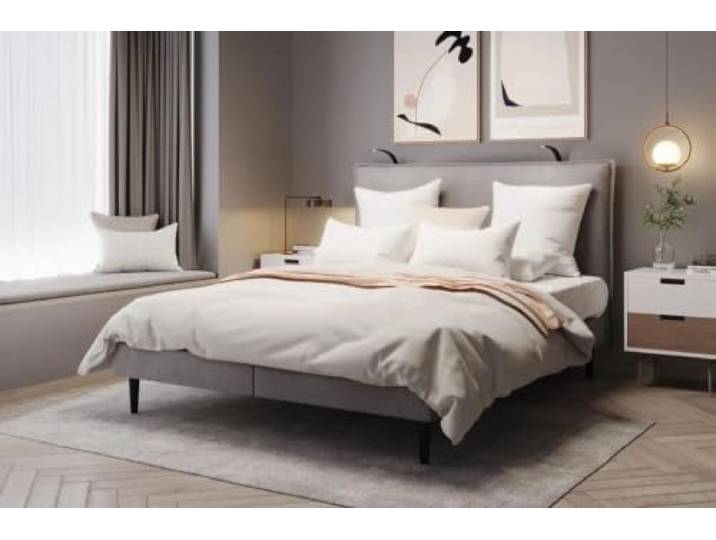 TRADA Polsterbett Calma Bett mit Matratze und Kopfteil 180x200, Grau Elegantes Bett auf 18 cm hohen Füßen, Ohne zusätzlichen Bettkasten, Inklusive zwei integrierter LED-Leselampen