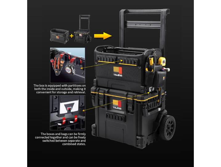 Système de ceinture porte-outils TAJIMA, ensemble de boîtes à roulettes empilables, rangement modulaire, chariot à roulettes professionnel robuste pour électricien et charpentier