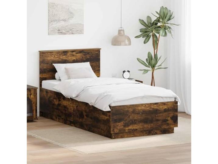 RJPLMFV Bettgestell, rauchige Eiche, 90 x 200 cm, Holz Verstellbares Kopfteil, modernes Design, stabile quadratische Füße, pflegeleicht