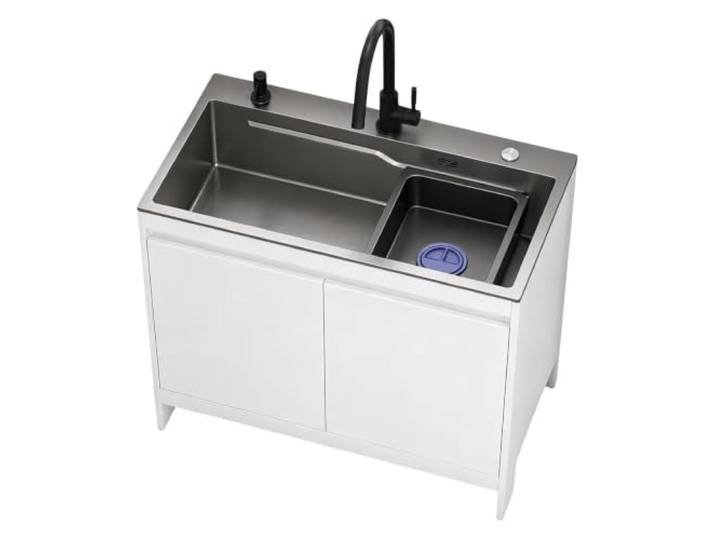 Freistehende Edelstahl Küchenspüle mit Unterschrank Wasserhahn, Waschbecken ﻿Einzelbecken Küchenspüle mit Entwässerungskorb und Abflusseinheit, Spülenschrank für Dessertshops(B-White,L:68cm)
