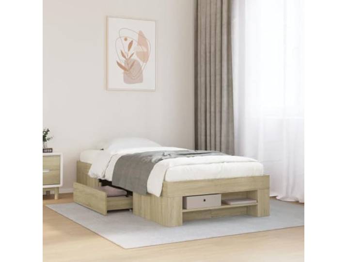 RJPLMFV Bettgestell, Sonoma-Eiche, 90 x 190 cm, Holz Lattenrost inkludiert Aufbewahrungsschubladen ohne Matratze Schlafzimmer
