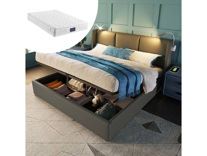 Lit rembourré avec rangement coffre - BLACKCOLOR - 140x200 cm - Tête de lit avec lampe de lecture orientable