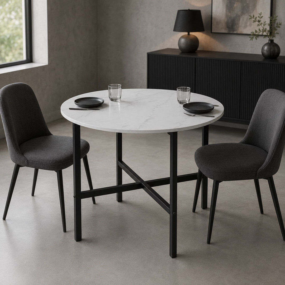 Rio 80cm Round Wooden Dining Table with X Frame Metal Legs for Dining Room White Marble