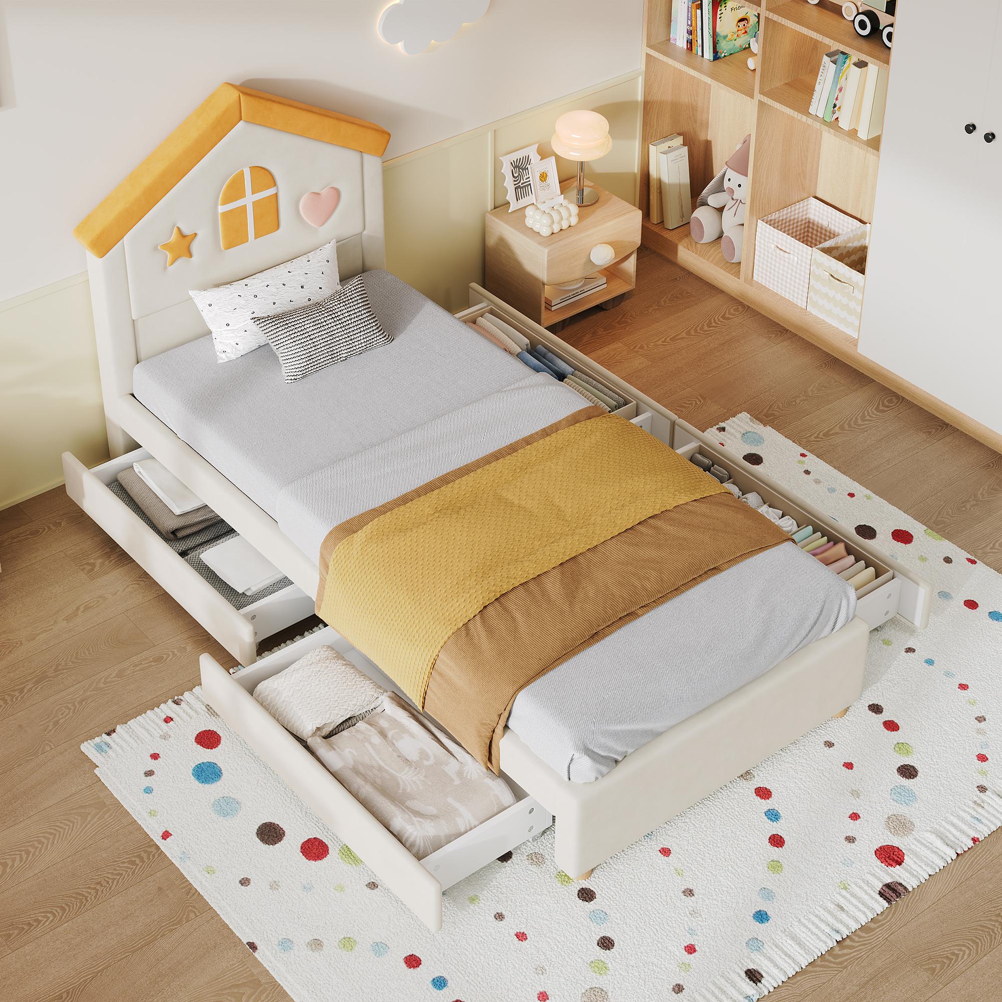 Kinderbett 90x200cm, Hausbett mit gepolstertem Kopfteil, 4 Schubladen und Bezug aus französischem Samt fürs Kinderzimmer