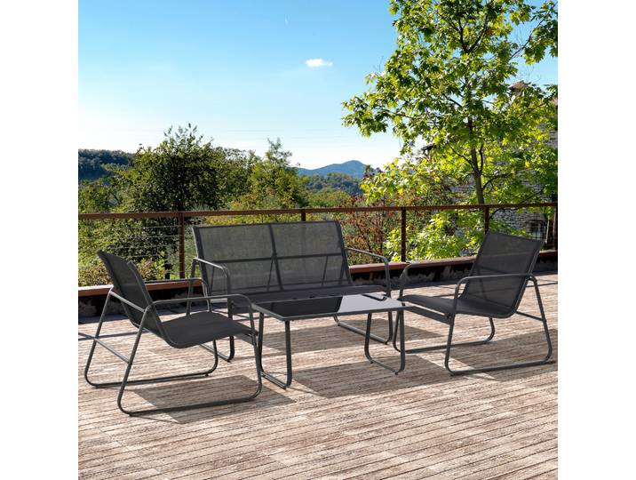 Outsunny Ensemble Table, Banc & Chaises Jardin Métal Noir