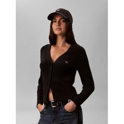 V-Ausschnitt-Pullover CALVIN KLEIN JEANS "WOVEN LABEL CARDIGAN", Damen, Gr. XS, schwarz, Web, Obermaterial: 100% Baumwolle, unifarben, regular fit taillenbedeckt, V-Ausschnitt, eingesetzt gerader Abschluss, Pullover, Regular fit mit V-Ausschnitt