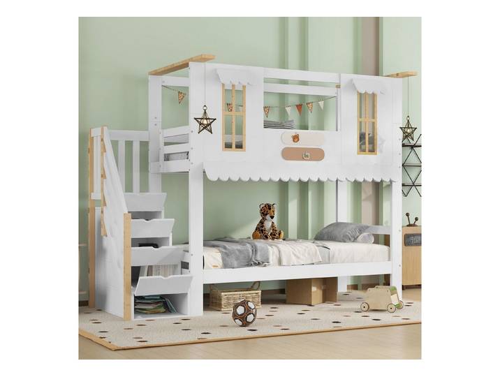 Odikalo Kinderbett Etagenbett Hochbett Bettgestell 90x200 (Etagenbett, Kinderbett, Aufbewahrungstreppe, Exquisite Fenster, Wellenförmige Dachkante, Mit Zwei Filzstücke zur Dekoration, Aufhängbare Dekorationen, Kiefer + MDF + Sperrholz, Weiß+Natur, 90x200cm, für Schlafzimmer, Wohnung, Gästezimmer, Kinderzimmer, Jugendzimmer, Pensionzimmer)