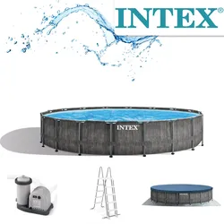 Intex Premium Frame Pool Set Prism Greywood Ø 549 x 122 cm | Komplettset mit offiziellem Sicherheitskit
