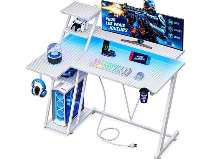 Bureau Gaming en Forme de L avec Support Écran Bureau d' Angle avec Étagères Rangement Prise & Ports USB Fibre de Carbone Blanc