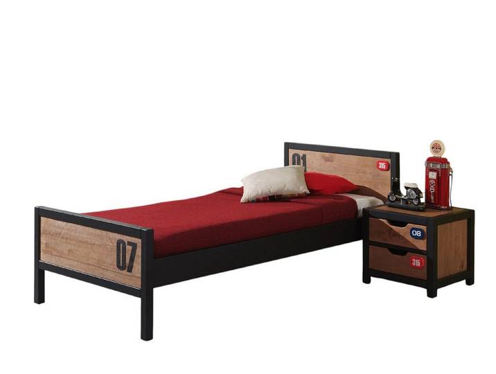 58 aufm Kessel Bettgestell Bett mit Nachtkommode Kameko MDF+Massivholz Schwarz/Cognac AXCO12 (inkl. Versand, Lieferung bis Verwendungsstelle), Liegefläche 90x200, Massivholzfüllung mit Applikationen und Zahlen