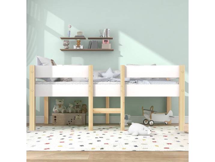 Lit enfant 90x200 cm - Mi-hauteur - Bois massif pin blanc - Protection anti-chute - Style scandinave moderne