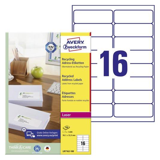 Avery Recycelte Adressetiketten LR7162-100 99.1 x 33.9 mm Weiss 1600 Labels (LR7162-100)