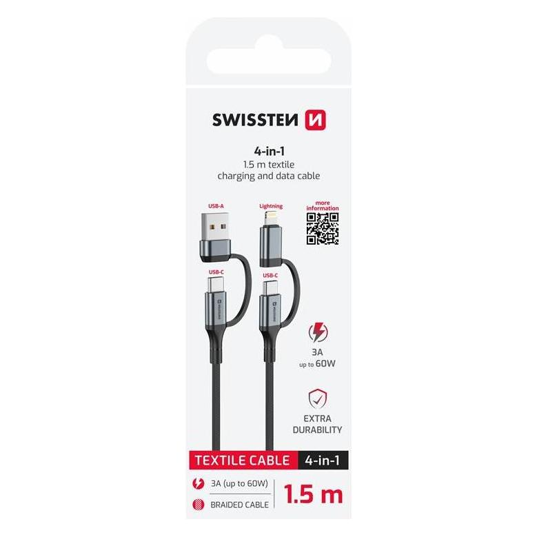 Swissten Textile Data Cable 4in1 3A 1.5M - Black (1.50 m, USB 3.2 Gen 1, 60 W) (74501102)