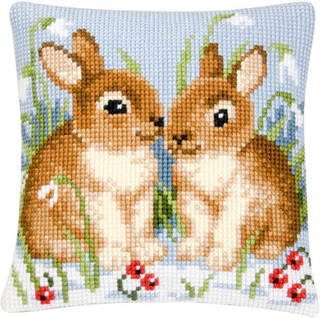 Kreuzstichkissen "2 Hasen & Schneeglöckchen"