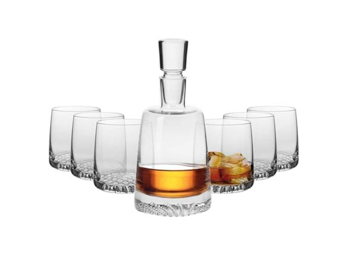 KROSNO Whiskey Karaffe 950 ml + 6 Gläser 370 ml Set, Fjord Kollektion Dekanter mit Whisky Gläser, Bleifreies Kristallglas mit Eisstruktur im Boden für Bourbon, Cognac, Whisky Karaffe