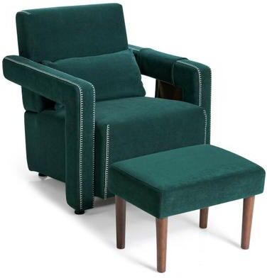 Costway Modern Berber Fleece Single Sofa Chair with Ottoman and Waist Pillow-Green