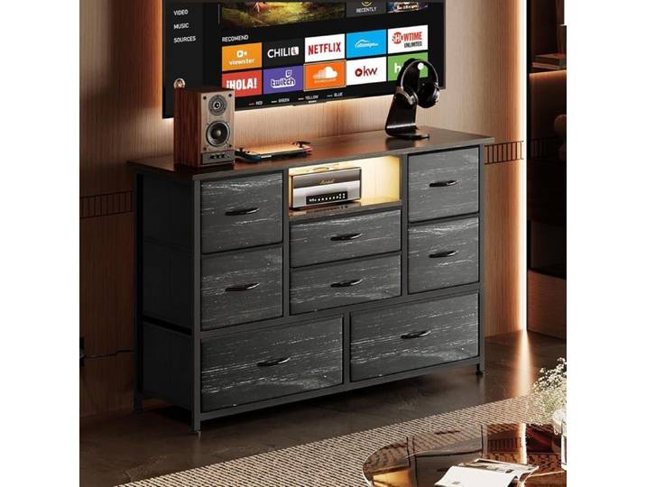 Commode de rangement - PROMIRACAL - 8 Tiroirs - Prises intégrées - LED - Noir