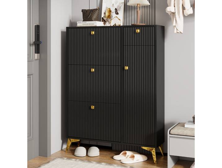 Meuble à chaussures étroit avec 3 portes battantes, 1 tiroir et 1 porte, meuble à chaussures moderne, étagère à chaussures avec rangement Blanc/Noir
