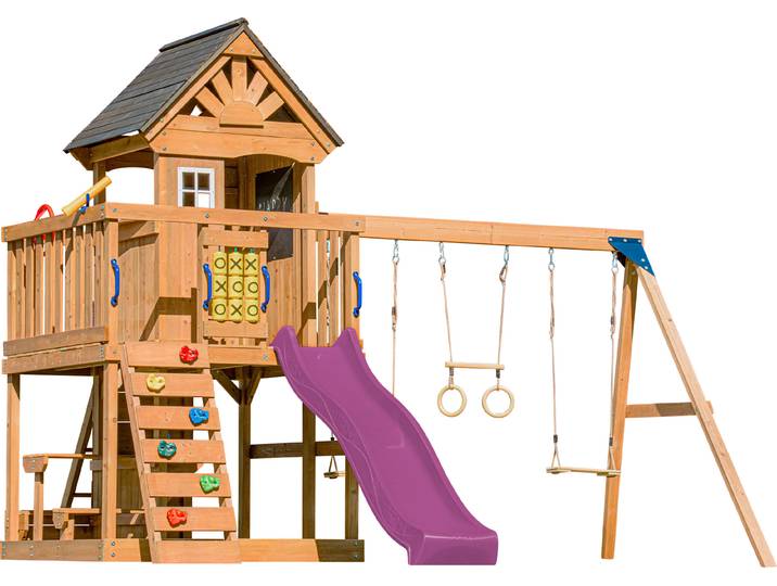 AXI Jack Spielturm aus Holz in Braun mit Doppelschaukel Spielplatz für Kinder mit lila Rutsche, Schaukel, Trapez, Kletterwand, Picknicktisch &