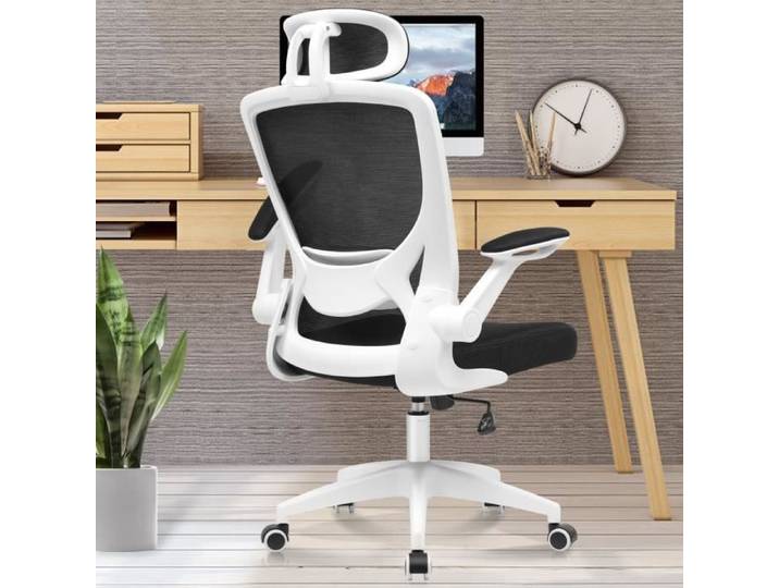 Chaise de bureau-KERDOM-Chaise de bureau ergonomique et respirante avec appuie-tête réglable-KD 9060 H Blanc
