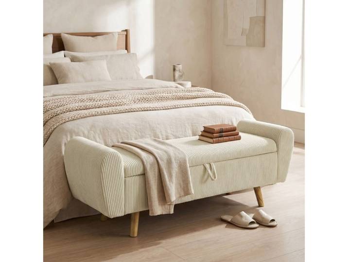 WOVREO Banc coffre 150 cm beige en velours côtelé avec accoudoirs rembourrés et rangement 73 L