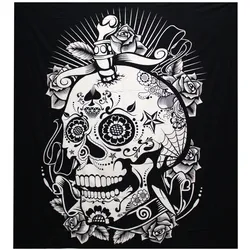 B&W Double Cotton Bedspread + Wall Hanging - Rose Skull