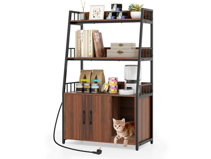Kattenkast met Boekenplank Oplaadstation 3 Niveaus Krabmat & Ingang 80 x 40 x 132 cm Walnoot