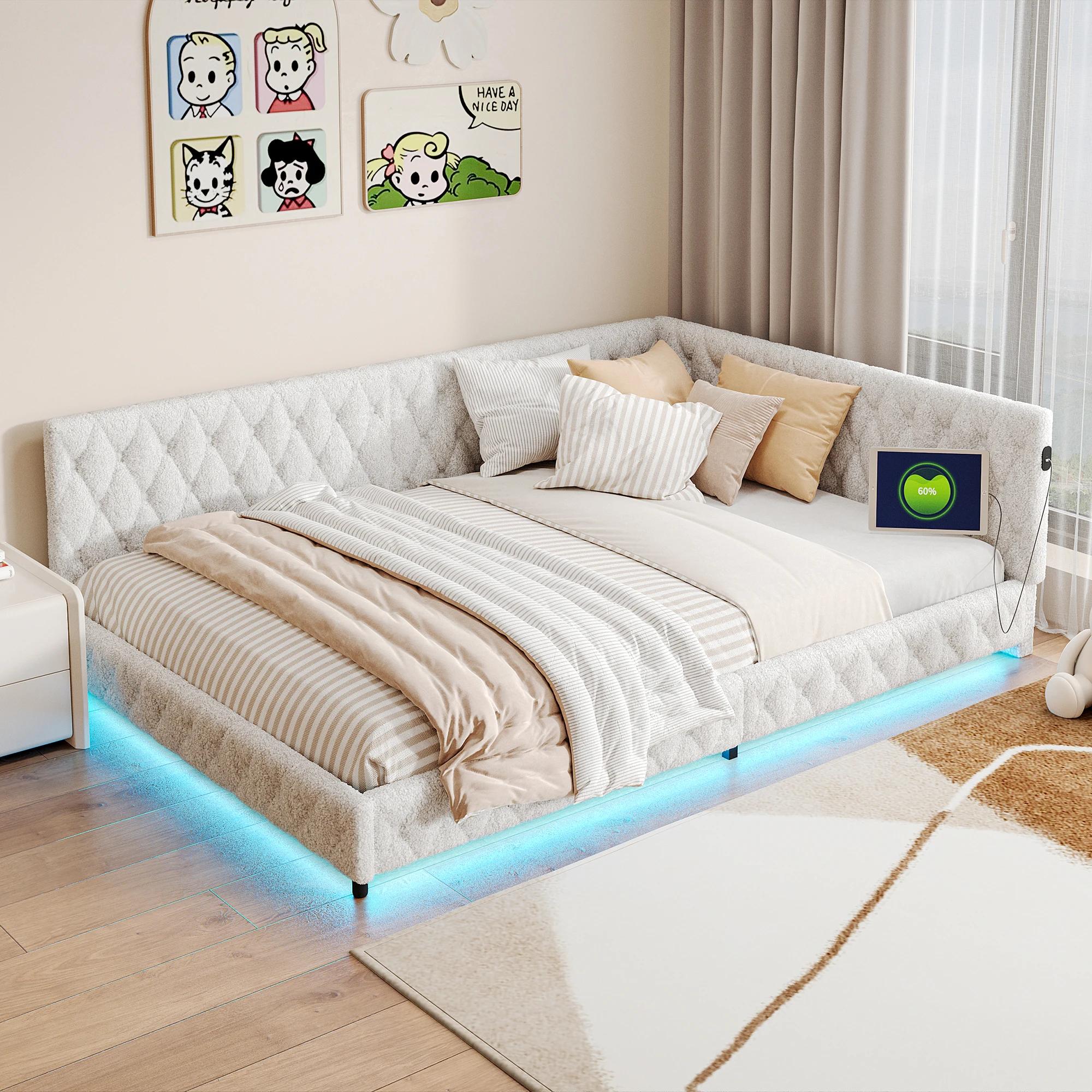 Gepolsterte Schlafcouch - Bettrahmen 140 x 200 cm - LED-Beleuchtung - USB-Anschluss - Stauraum - Lattenrost - Beige