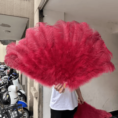 Inspire Picks Luxury Ostrich Feather Folding Fan Large Burlesque Dance & Stage Performance Fan (100130cm) wine Red 130cm 1pcs