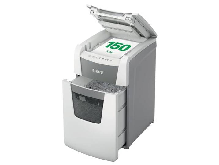 Leitz IQ Autofeed Office Aktenvernichter, 150 Blatt Papierstapel schreddern, Zeit sparen mit automatischem Einzug, Partikelschnitt P4, 44L Abfallbehälter, Leiser Betrieb für Büro, 80130000