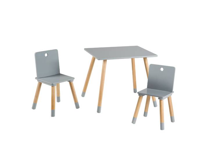 Kindersitzgruppe, Kindermöbel Set, 2 Kinderstühle & 1 Tisch, Sitzgarnitur Holz, grau lackiert