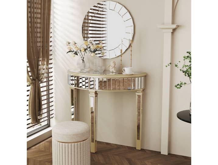 Table console miroir demi-lune pour entrée et salon, coiffeuse de maquillage pour couloir argenté, meubles Demi Lune