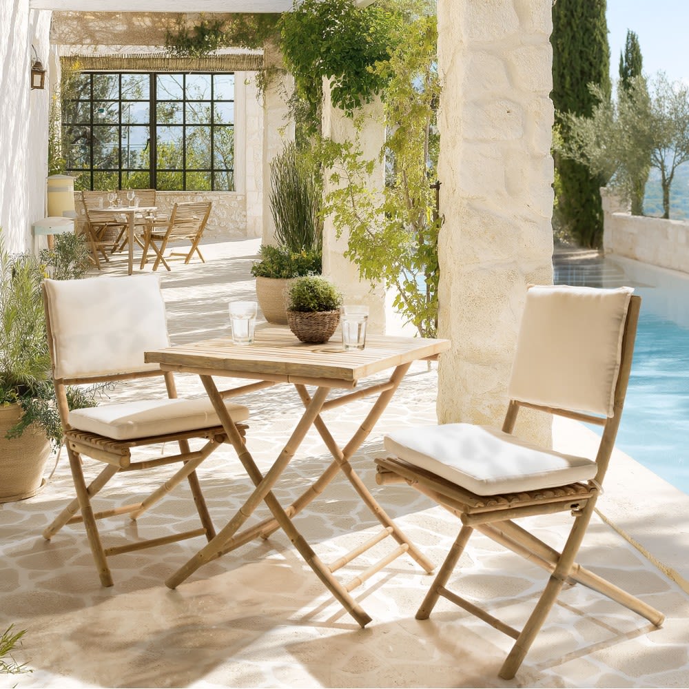MACABANE Ensemble 2 chaises et 1 table pliante en bambou Beige 70x75x70cm